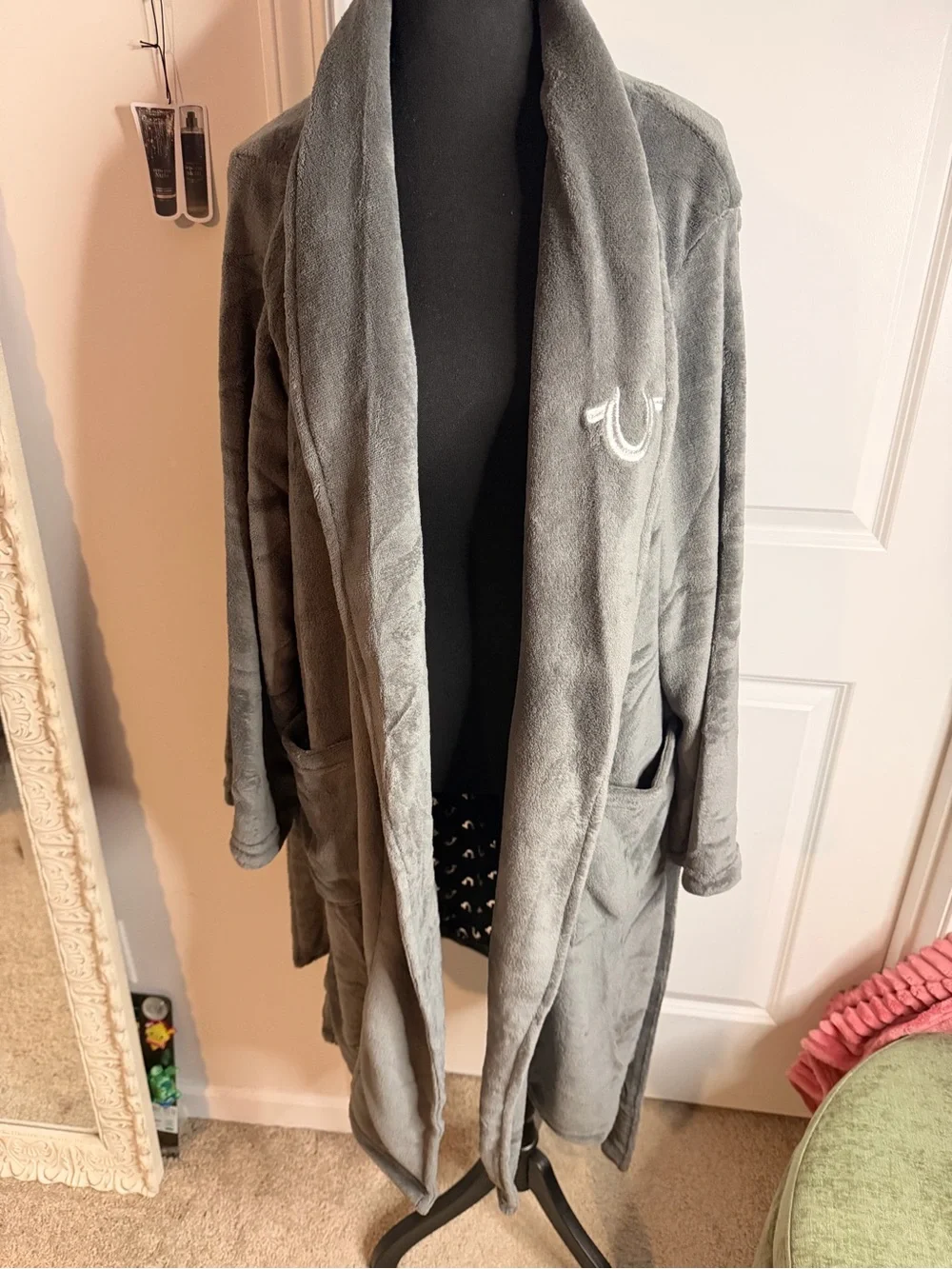 True Religion Plush Gray Shawl-Collar Robe with Belt